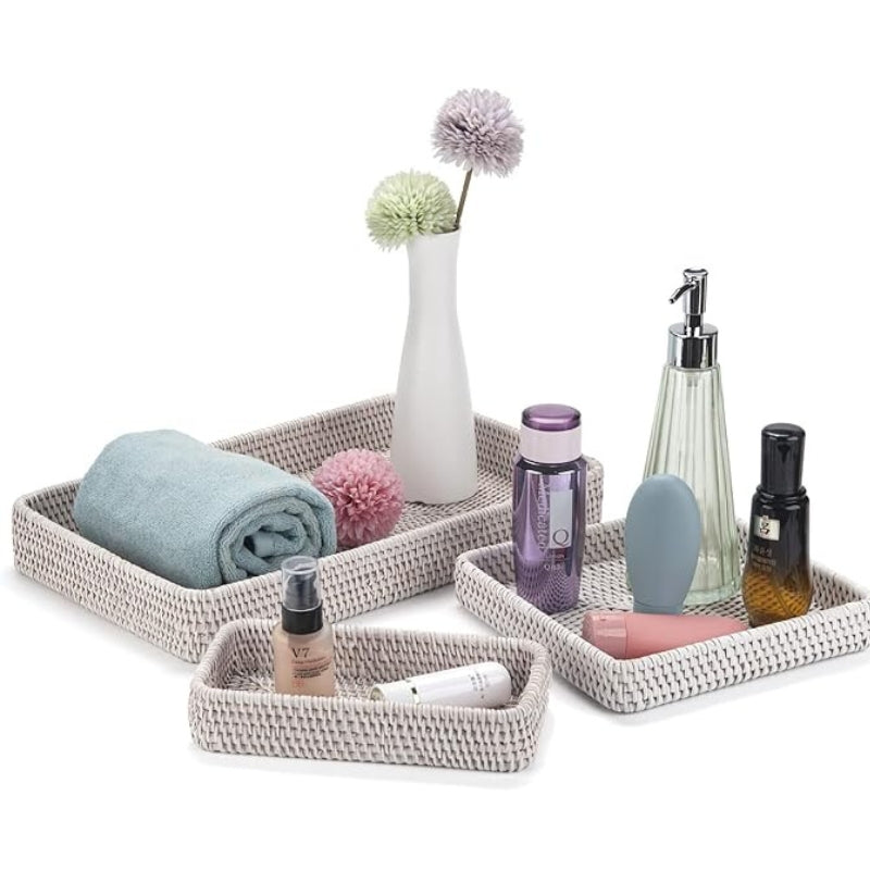 Rattan Serving Tray, Rectangular Woven Tray, Natural Wicker Decorative Serving Baskets for Organizing Tabletop Bathroom Kitchen Counter (Natural)