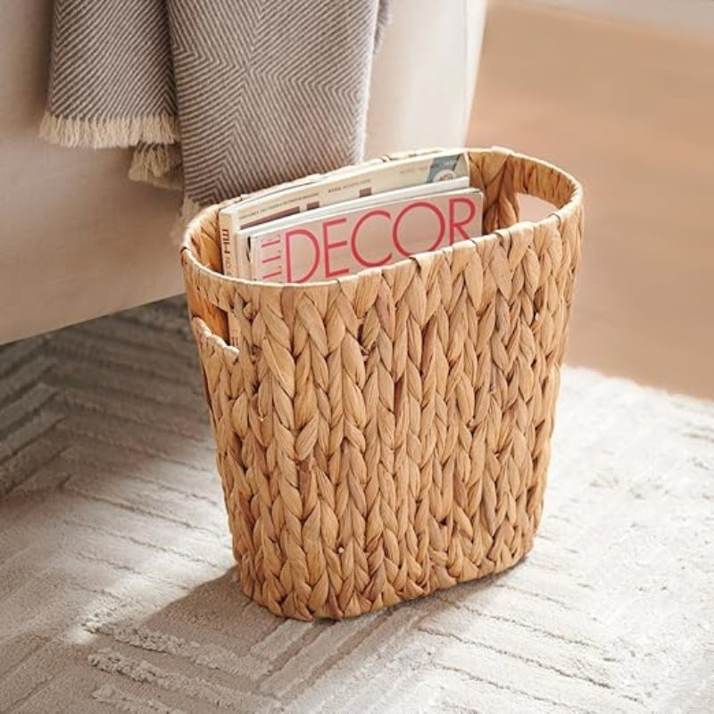 YANGQIHOME Bathroom Trash Can, Handwoven Wicker Trash Can with Handles for Bedroom, Living Roon, Kitchen, Bathroom and Office, Water Hyacinth Wicker Waste Basket 1 Pack, 13" L x 7.5" W x 12.2" H
