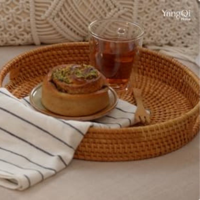 13.8 inch Rattan Tray, Round Wicker Tray with Cut-Out Handles, Woven Serving Tray for Dining / Coffee Table