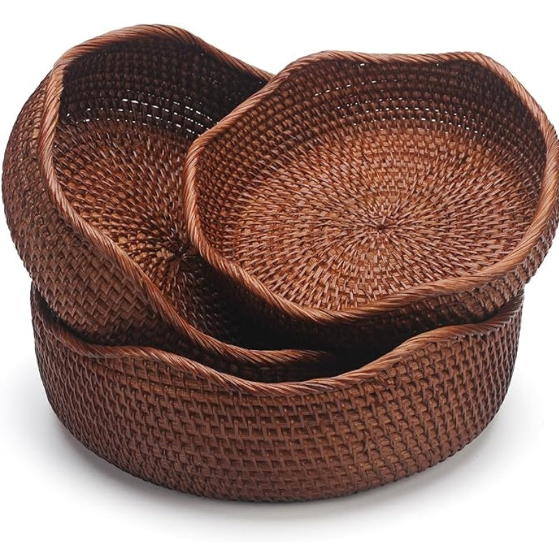 YANGQIHOME Natural Rattan Round Fruit Basket Bowls, Handwoven Storage Serving Baskets, Wicker Organizer for Dinning Room (Set of 3)