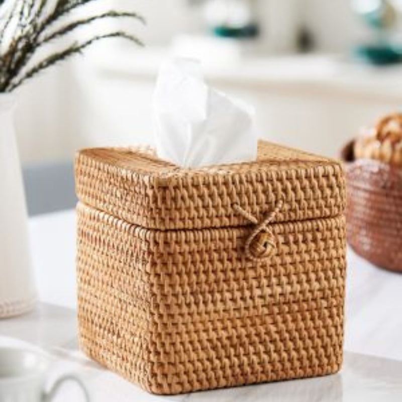 Rattan Square Tissue Box Cover, 5.7" x 5.7" x 5", Decorative Woven Facial Tissue Holder with Hinged Top Lid, Natural Color