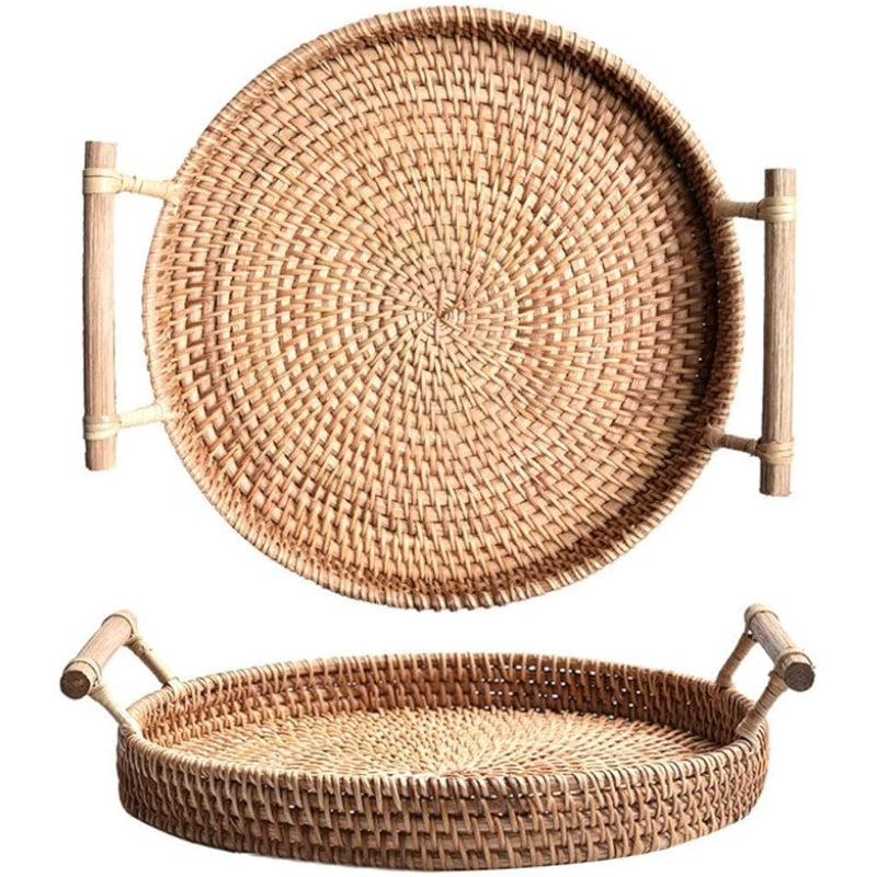 Woven Serving Tray, Rattan Round Tray, Wicker Serving Basket with Wooden Handles (12.6 inch / 32cm)