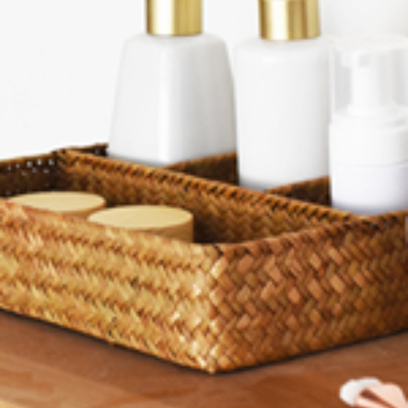 Tea Bag/Sugar Packet Holder, Coffee Station Condiment Organizer, Seagrass Storage Basket, Wicker Rattan Divided Basket Organizer for Drawer/Shelf/Countertop