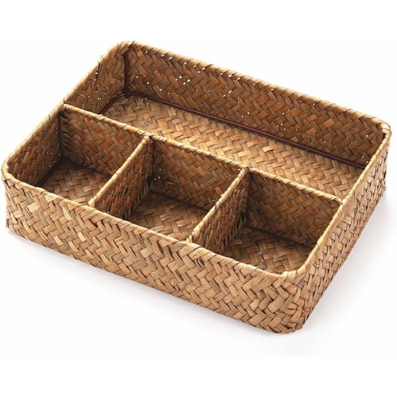 YANGQIHOME Tea Bag/Sugar Packet Holder, Coffee Station Condiment Organizer, Seagrass Storage Basket, Wicker Rattan Divided Basket Organizer for Drawer/Shelf/Countertop