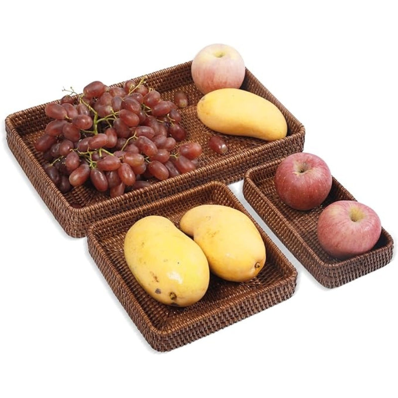 Rattan Serving Tray, Rectangular Woven Tray, Natural Wicker Decorative Serving Baskets for Organizing Tabletop Bathroom Kitchen Counter (Natural)