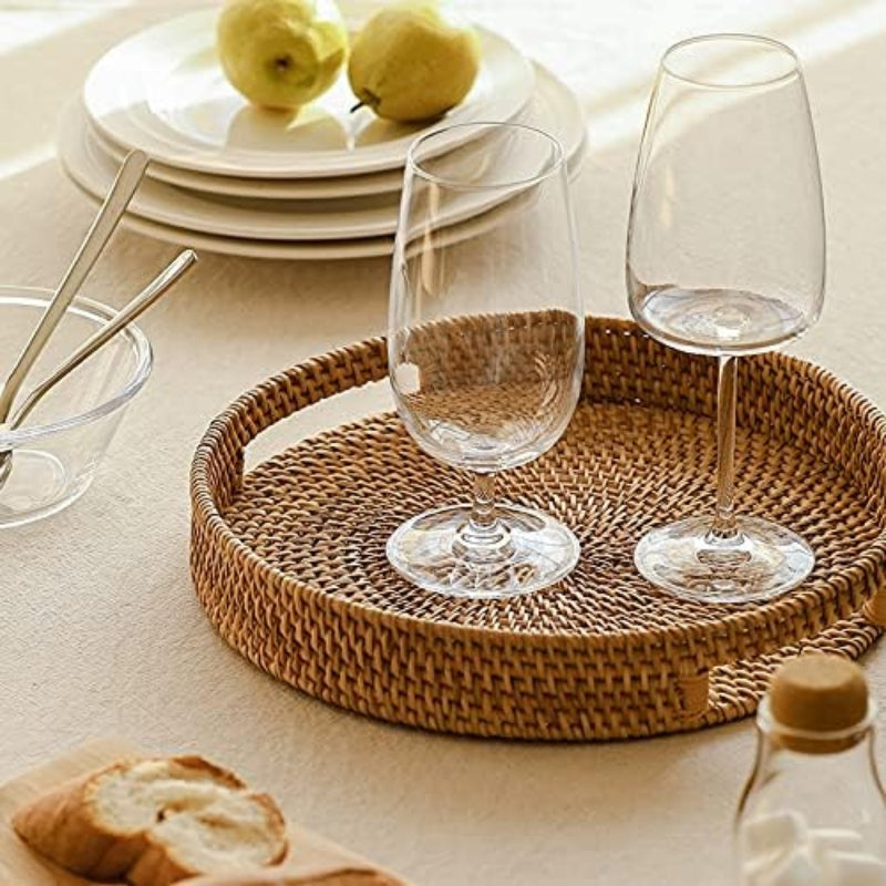 YANGQIHOME Rattan Round Serving Tray, Hand Woven Serving Basket with Cut - Out Handles, Wicker Fruit/Bread Serving Basket, 14.2 inch