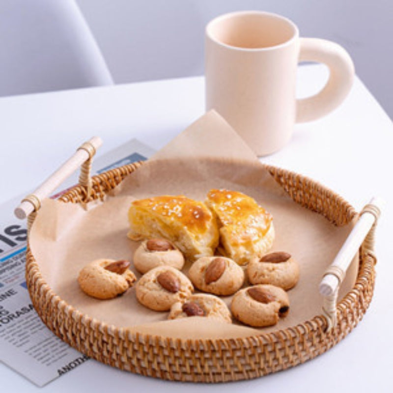 Woven Serving Tray, Rattan Round Tray, Wicker Serving Basket with Wooden Handles (12.6 inch / 32cm)