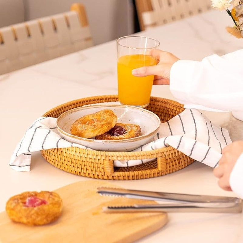 YANGQIHOME Rattan Round Serving Tray, Hand Woven Serving Basket with Cut - Out Handles, Wicker Fruit/Bread Serving Basket, 14.2 inch