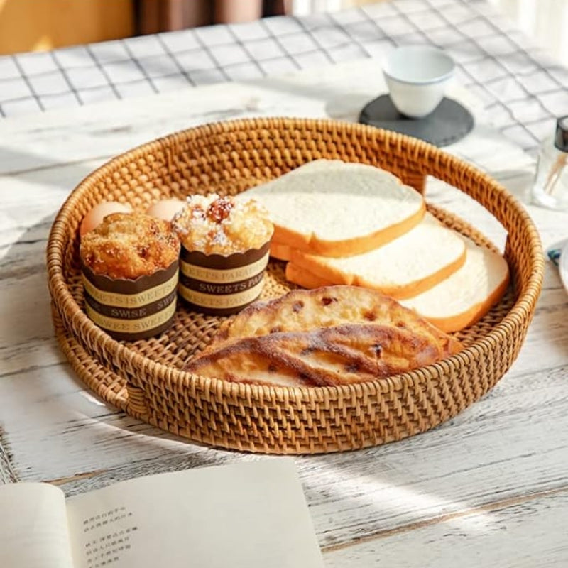 YANGQIHOME Rattan Round Serving Tray, Hand Woven Serving Basket with Cut - Out Handles, Wicker Fruit/Bread Serving Basket, 14.2 inch