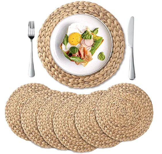 6 Pack, Round Woven Placemats, Natural Water Hyacinth Place mats, Braided Straw Table Mats for Dining Table (13.8 inch)