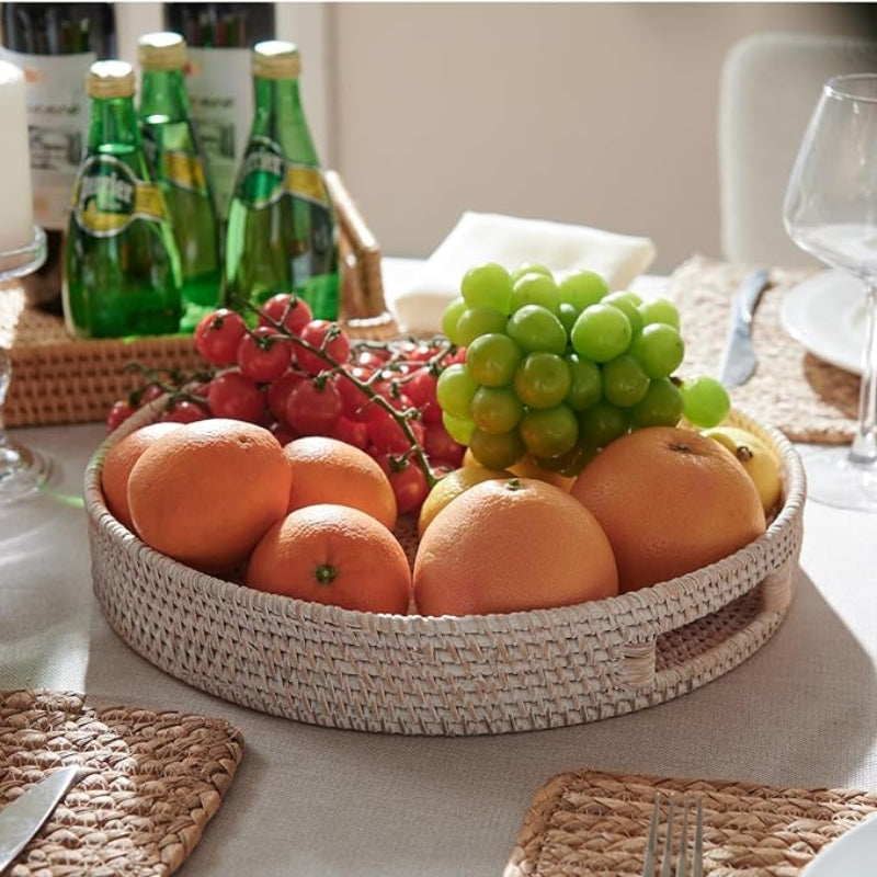 YANGQIHOME Rattan Round Serving Tray, Hand Woven Serving Basket with Cut - Out Handles, Wicker Fruit/Bread Serving Basket, 14.2 inch