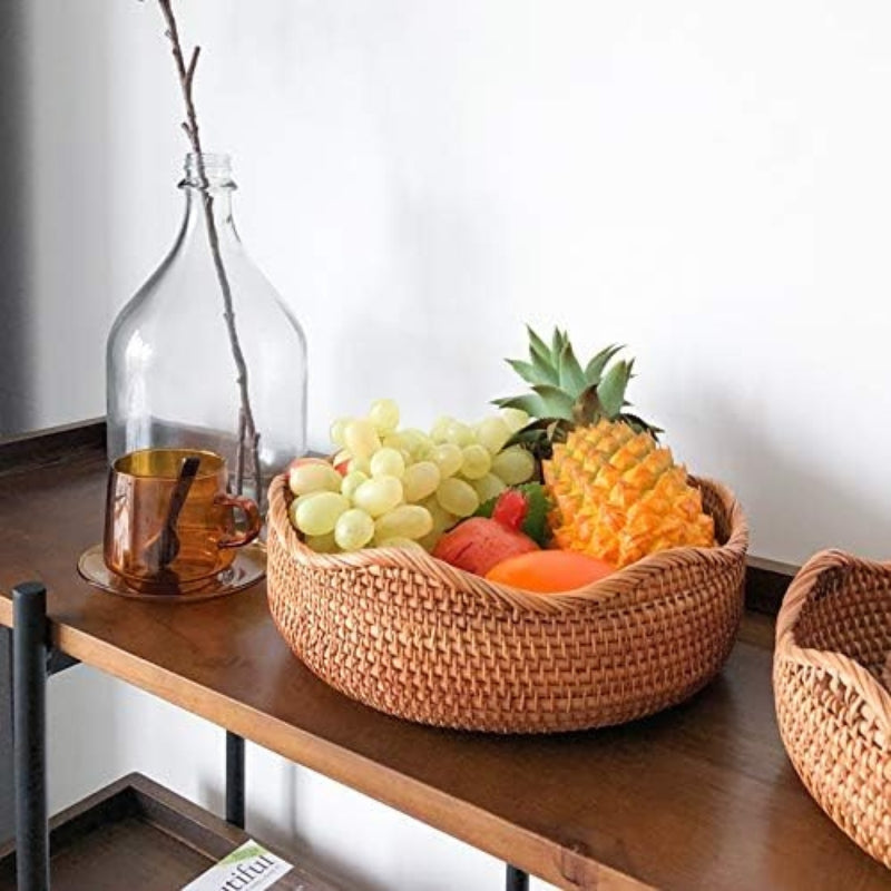 YANGQIHOME Natural Rattan Round Fruit Basket Bowls, Handwoven Storage Serving Baskets, Wicker Organizer for Dinning Room (Set of 3)