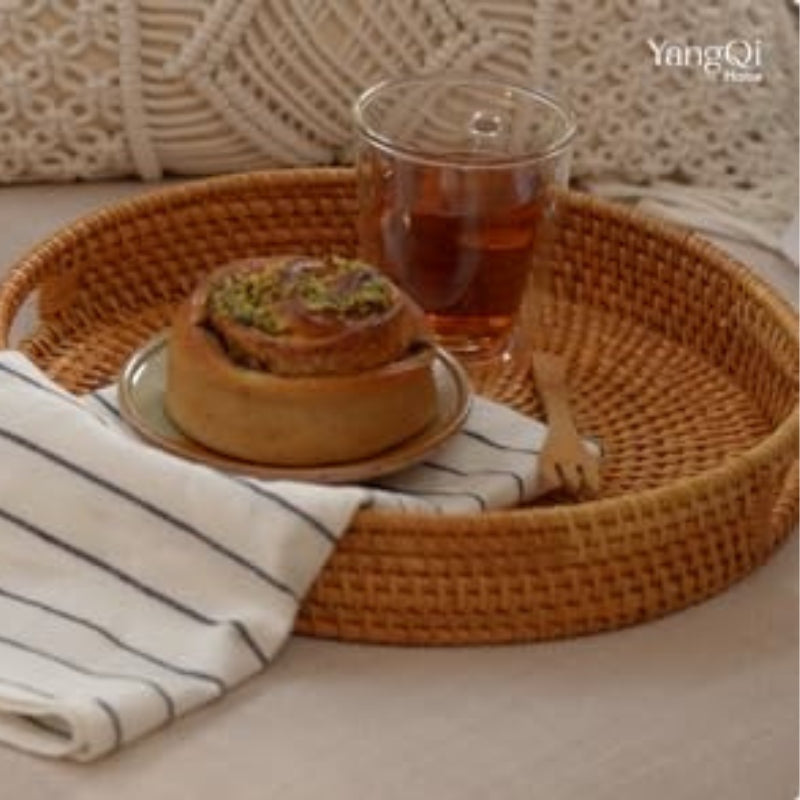 YANGQIHOME Rattan Round Serving Tray, Hand Woven Serving Basket with Cut - Out Handles, Wicker Fruit/Bread Serving Basket, 14.2 inch