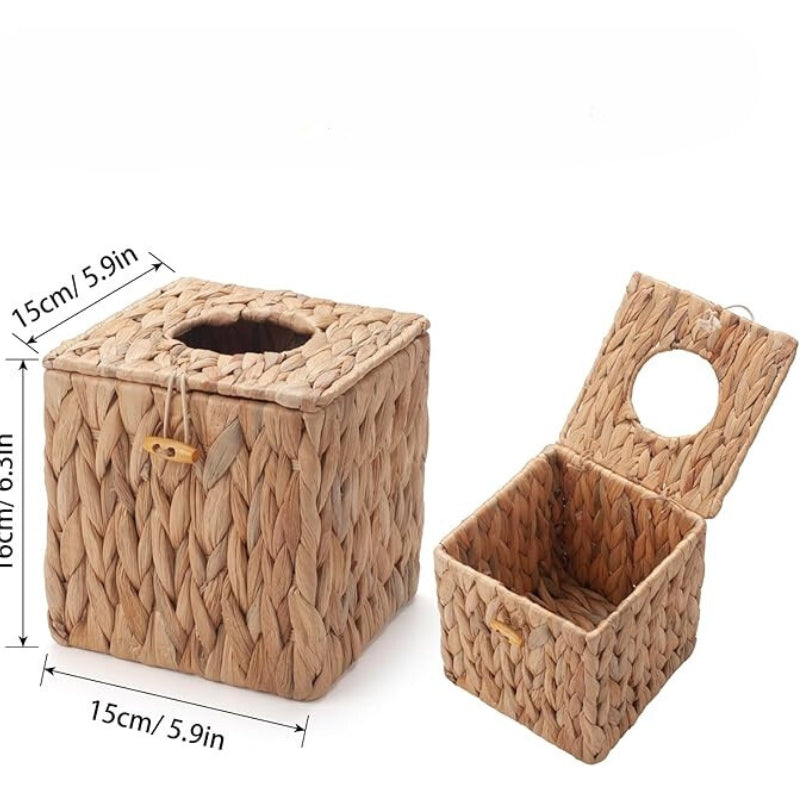 YANGQIHOME Tissue Box Cover Square, Water Hyacinth Tissue Box Holder with Lid - Handwoven Square Tissue Box Cover, 1 Pack, 5.9" x 5.9" x 6.3"