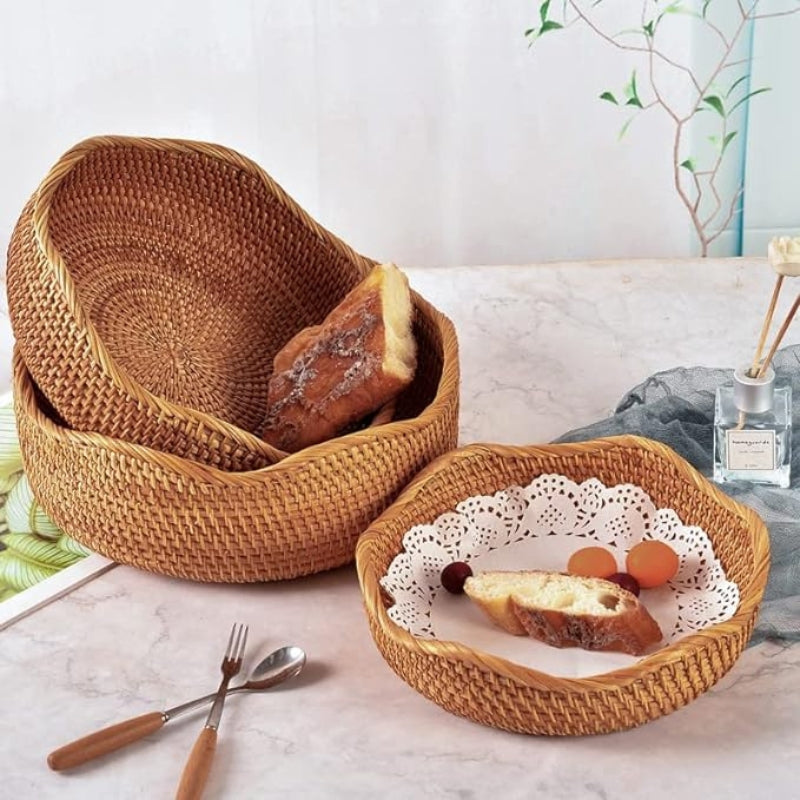 YANGQIHOME Natural Rattan Round Fruit Basket Bowls, Handwoven Storage Serving Baskets, Wicker Organizer for Dinning Room (Set of 3)