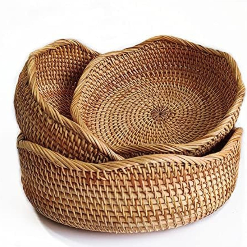 YANGQIHOME Natural Rattan Round Fruit Basket Bowls, Handwoven Storage Serving Baskets, Wicker Organizer for Dinning Room (Set of 3)