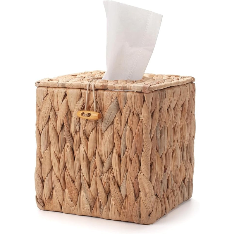 YANGQIHOME Tissue Box Cover Square, Water Hyacinth Tissue Box Holder with Lid - Handwoven Square Tissue Box Cover, 1 Pack, 5.9" x 5.9" x 6.3"