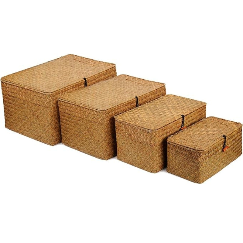 4 Pack, Wicker Baskets with Lids, Nautral Seagrass Storage Baskets, Woven Rectangular Basket Bins, Rattan Storage Organizer for Shelf Honey Brown