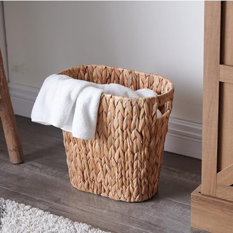 YANGQIHOME Bathroom Trash Can, Handwoven Wicker Trash Can with Handles for Bedroom, Living Roon, Kitchen, Bathroom and Office, Water Hyacinth Wicker Waste Basket 1 Pack, 13" L x 7.5" W x 12.2" H