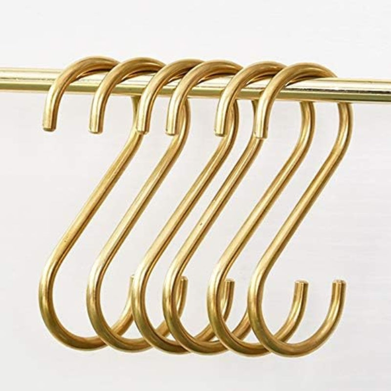 YANGQIHOME 6 Pieces, Brass S Shaped Hooks, Gold Coat Clothes Towel Hangers, Kitchen Pots Pans Coffee Cups Rack Hooks