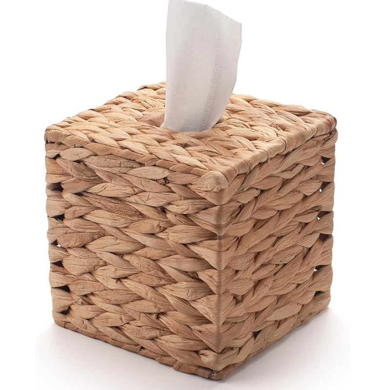 YANGQIHOME Tissue Box Cover Square, Water Hyacinth Tissue Box Holder with Lid - Handwoven Square Tissue Box Cover, 1 Pack, 5.9" x 5.9" x 6.3"