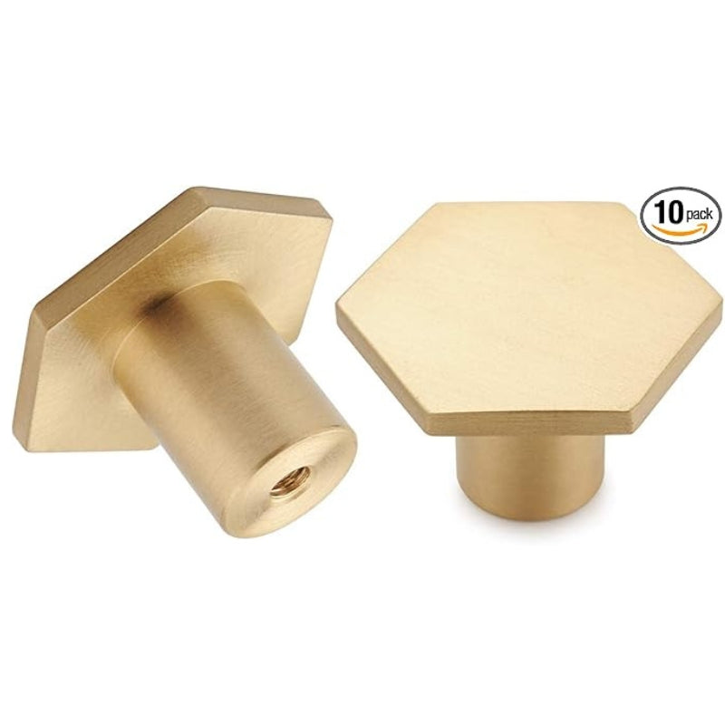 YANGQIHOME Pack of 10, Gold Brass Cabinet Knobs, 1.3 inch Diameter, Brushed Dresser Drawer Knobs Pull Handle for Bath Kitchen Cabinetry (Hexagon)