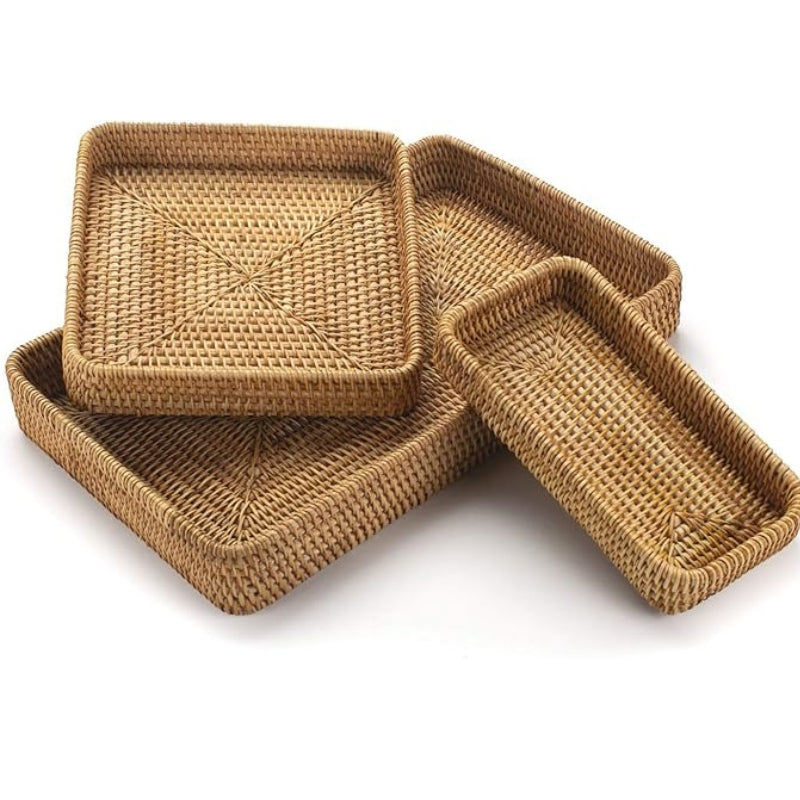 Rattan Serving Tray, Rectangular Woven Tray, Natural Wicker Decorative Serving Baskets for Organizing Tabletop Bathroom Kitchen Counter (Natural)