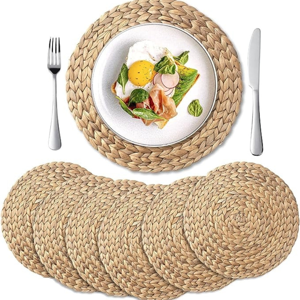 6 Pack, Round Woven Placemats, Natural Water Hyacinth Place mats, Braided Straw Table Mats for Dining Table, Christmas Placemats (13.8 inch)