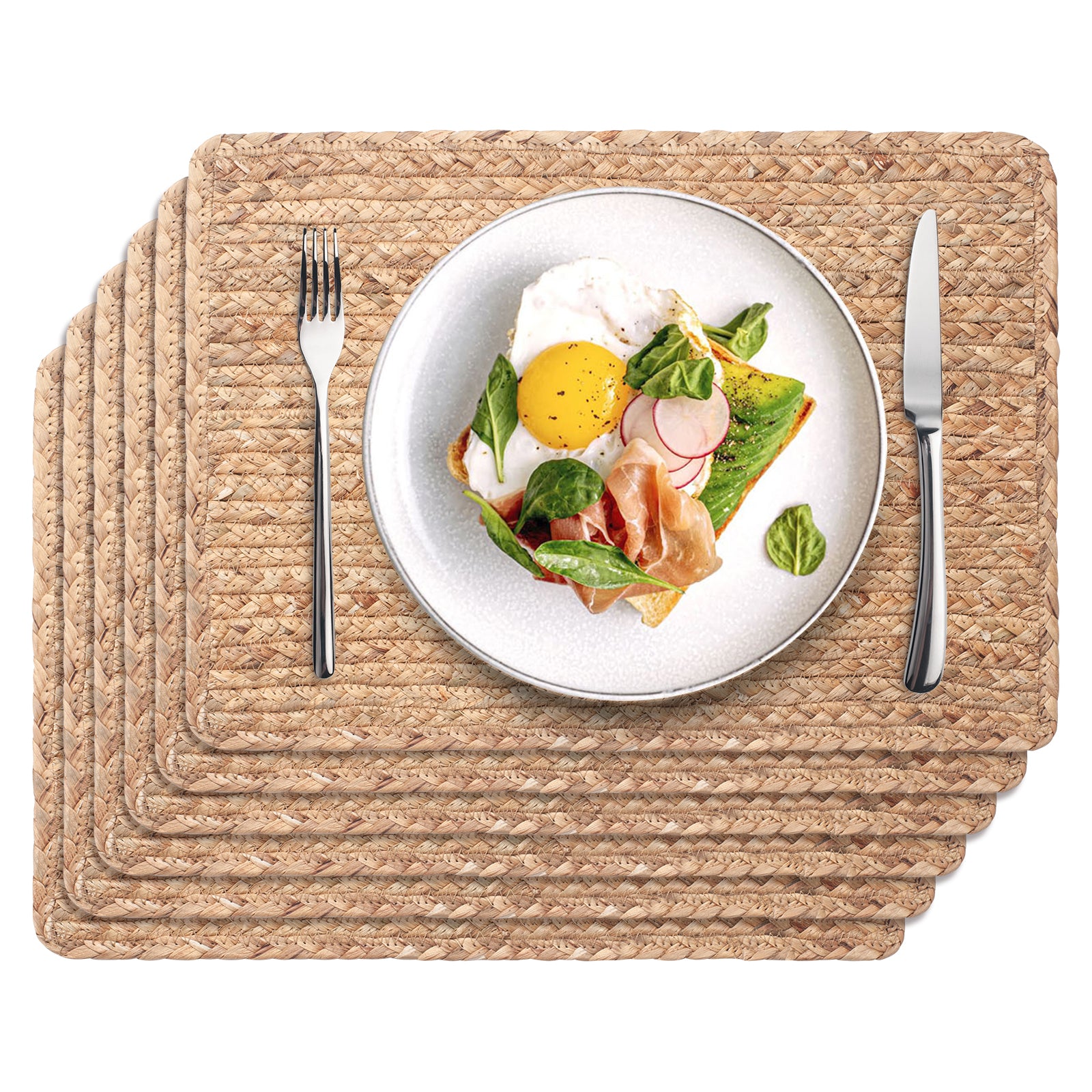 Woven Placemats Set of 6, 17" x 12" Rattan Table Mats, Natural Water Hyacinth Chargers for Dinner Plates, Wicker Placemats for Dining Table, Home, Wedding