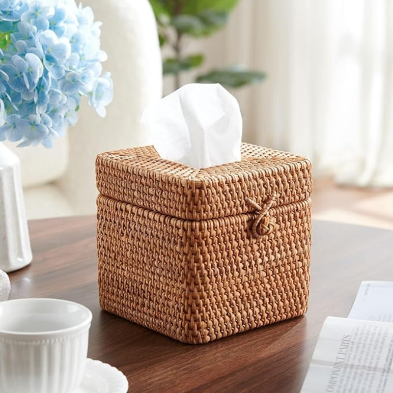 Rattan Square Tissue Box Cover, 5.7" x 5.7" x 5", Decorative Woven Facial Tissue Holder with Hinged Top Lid, Natural Color