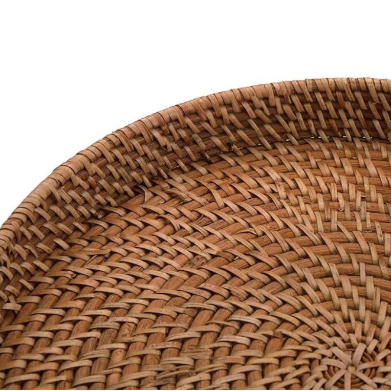 13.8 inch Rattan Tray, Round Wicker Tray with Cut-Out Handles, Woven Serving Tray for Dining / Coffee Table