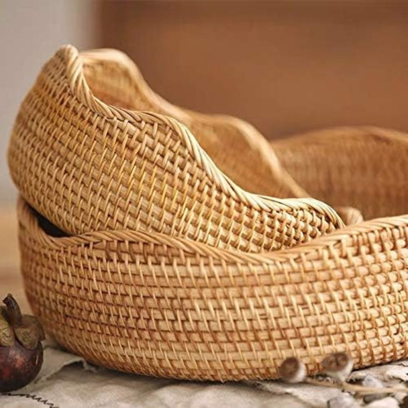 YANGQIHOME Natural Rattan Round Fruit Basket Bowls, Handwoven Storage Serving Baskets, Wicker Organizer for Dinning Room (Set of 3)