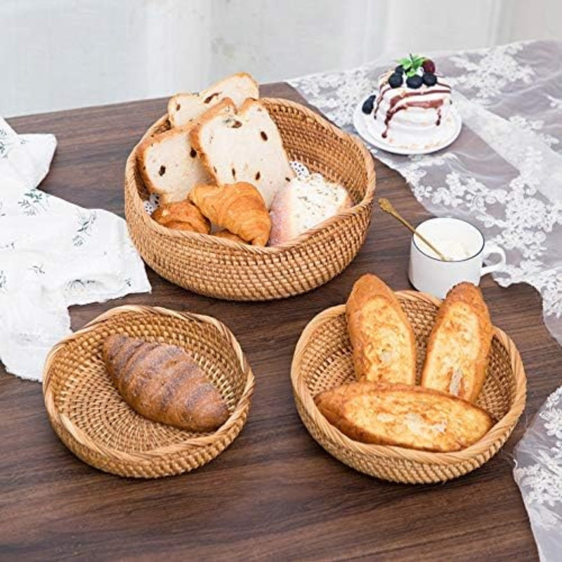 YANGQIHOME Natural Rattan Round Fruit Basket Bowls, Handwoven Storage Serving Baskets, Wicker Organizer for Dinning Room (Set of 3)