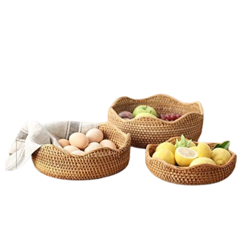 YANGQIHOME Natural Rattan Round Fruit Basket Bowls, Handwoven Storage Serving Baskets, Wicker Organizer for Dinning Room (Set of 3)