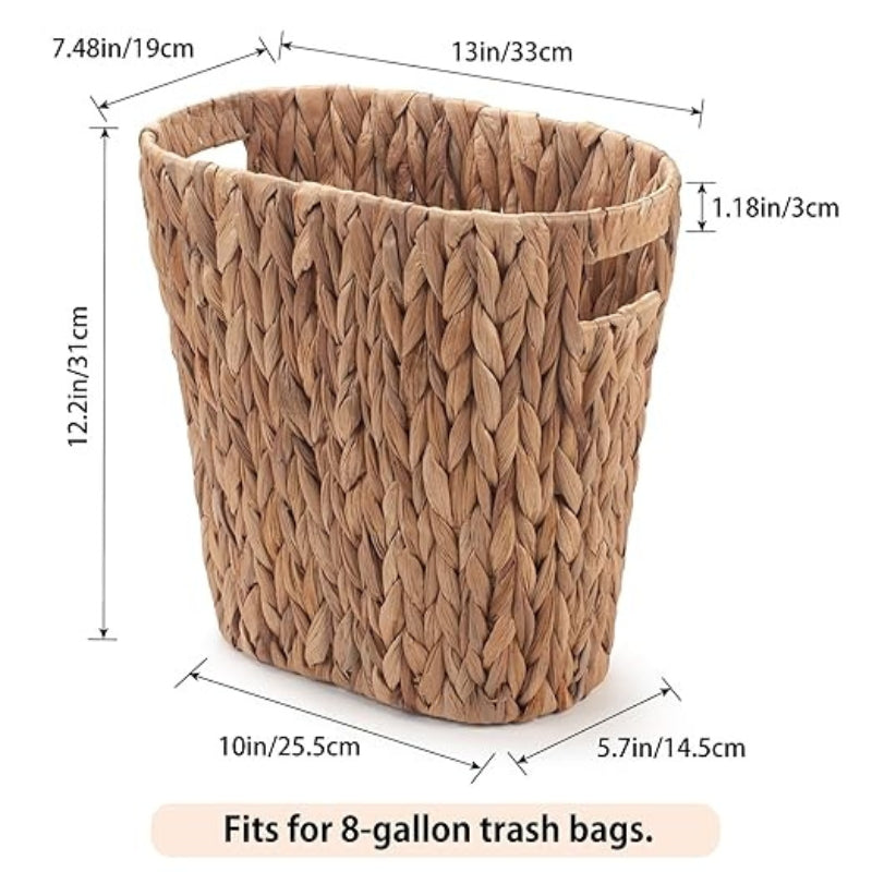 YANGQIHOME Bathroom Trash Can, Handwoven Wicker Trash Can with Handles for Bedroom, Living Roon, Kitchen, Bathroom and Office, Water Hyacinth Wicker Waste Basket 1 Pack, 13" L x 7.5" W x 12.2" H