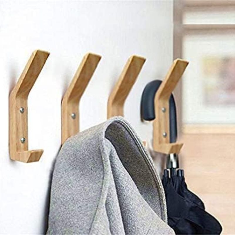 YANGQIHOME Pack of 4, Wood Wall Hooks, Oak Wooden Hooks Wall Mounted, Vintage Single Hook Hat Rack Towel Hanger Wall Organizer