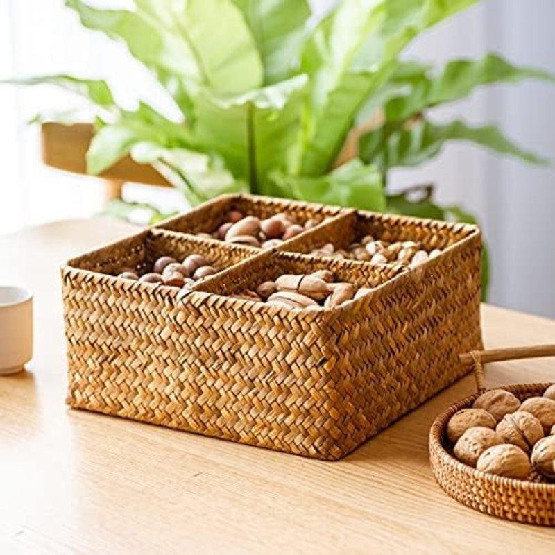 Woven Seagrass Storage Basket with 4 Divided Sections, Wicker Basket Bin Box Organizer for Countertops/Closet/Shelf/Dresser