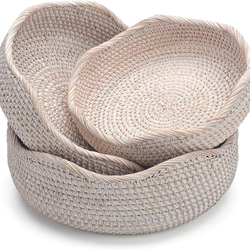 YANGQIHOME Natural Rattan Round Fruit Basket Bowls, Handwoven Storage Serving Baskets, Wicker Organizer for Dinning Room (Set of 3)