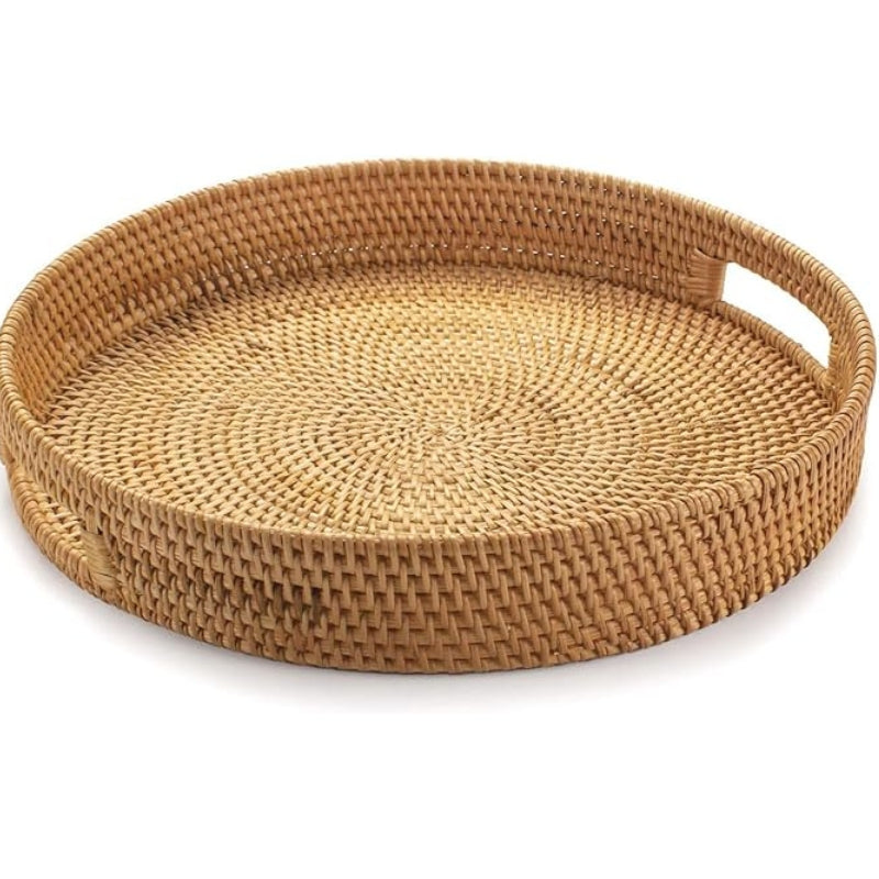 YANGQIHOME Rattan Round Serving Tray, Hand Woven Serving Basket with Cut - Out Handles, Wicker Fruit/Bread Serving Basket, 14.2 inch