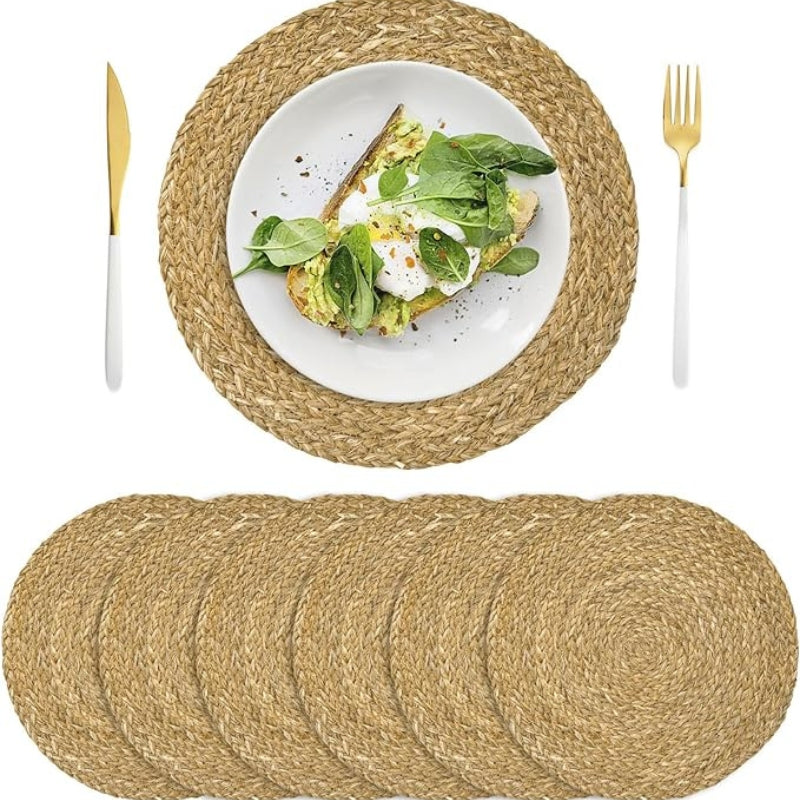 Set of 6, Round Woven Placemats, Natural Braided Straw Table Mats, Weave Aquatic Placemats for Dinning Table, Christmas Placemats, 11.8 inch