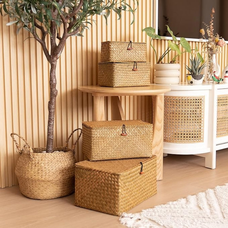 4 Pack, Wicker Baskets with Lids, Nautral Seagrass Storage Baskets, Woven Rectangular Basket Bins, Rattan Storage Organizer for Shelf Honey Brown