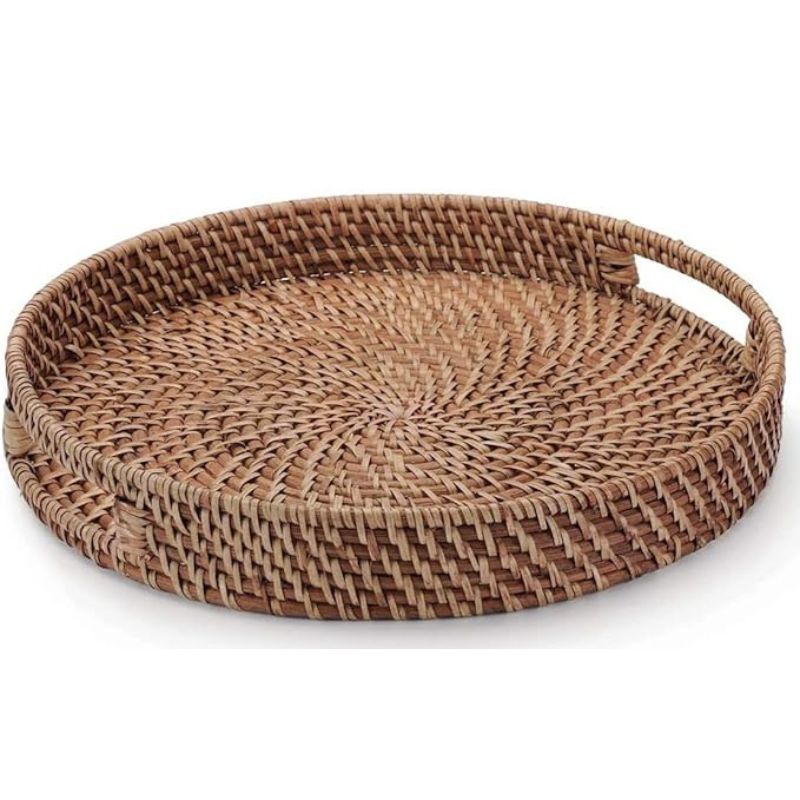 13.8 inch Rattan Tray, Round Wicker Tray with Cut-Out Handles, Woven Serving Tray for Dining / Coffee Table