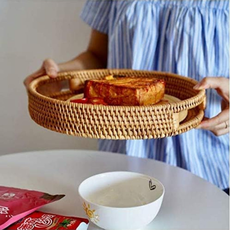 YANGQIHOME Rattan Round Serving Tray, Hand Woven Serving Basket with Cut - Out Handles, Wicker Fruit/Bread Serving Basket, 14.2 inch