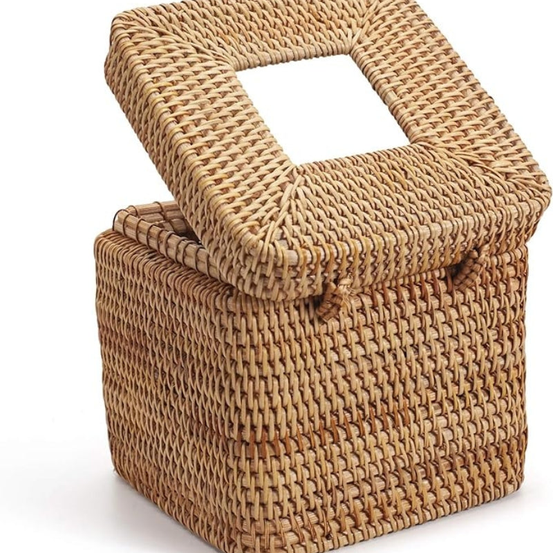 Rattan Square Tissue Box Cover, 5.7" x 5.7" x 5", Decorative Woven Facial Tissue Holder with Hinged Top Lid, Natural Color