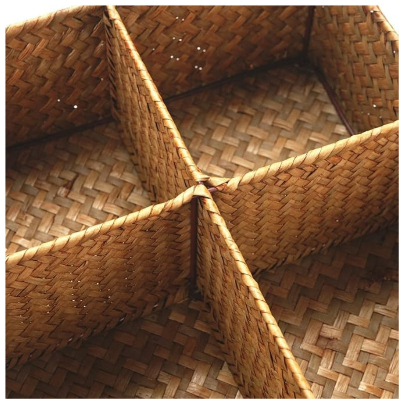 Woven Seagrass Storage Basket with 4 Divided Sections, Wicker Basket Bin Box Organizer for Countertops/Closet/Shelf/Dresser