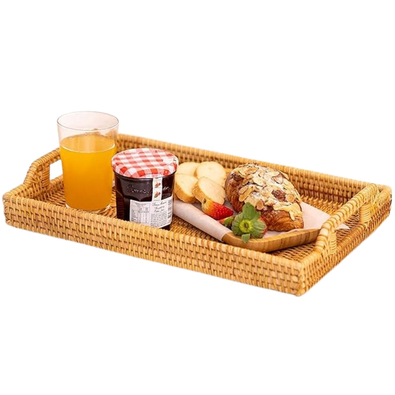 Hand-Woven Rattan Serving Tray with Handles for Breakfast, Drinks, Snack for Dining/Coffee Table (14.5 inch (37 cm), Rectangular)