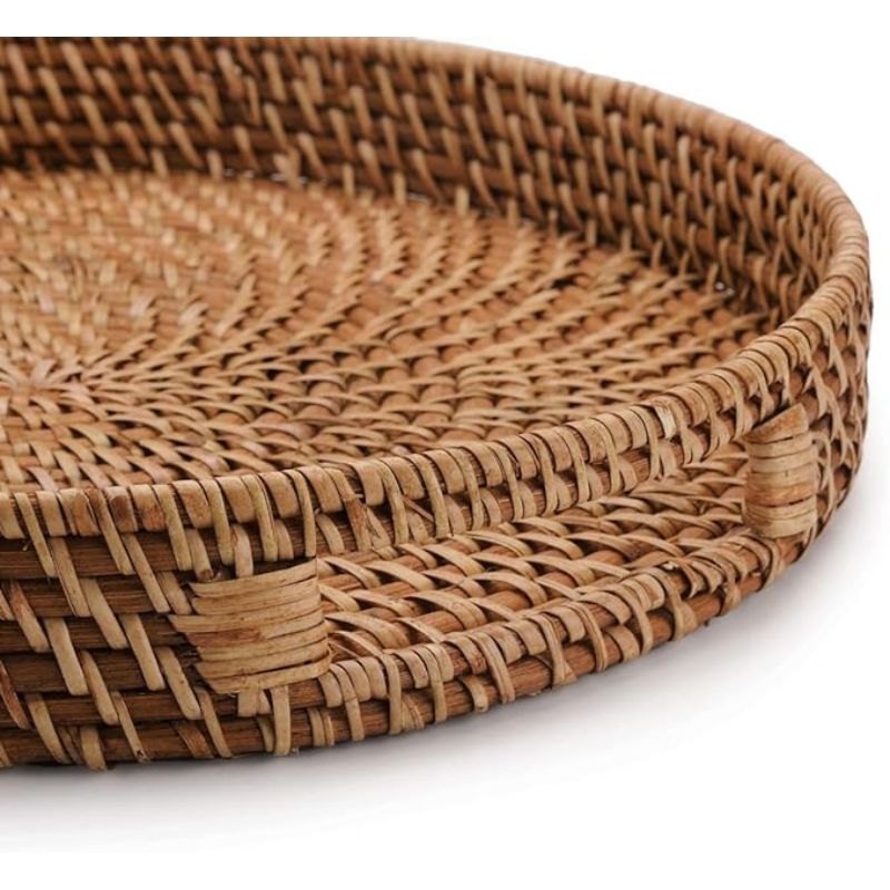 13.8 inch Rattan Tray, Round Wicker Tray with Cut-Out Handles, Woven Serving Tray for Dining / Coffee Table