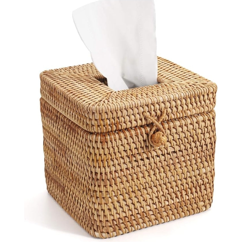 Rattan Square Tissue Box Cover, 5.7" x 5.7" x 5", Decorative Woven Facial Tissue Holder with Hinged Top Lid, Natural Color