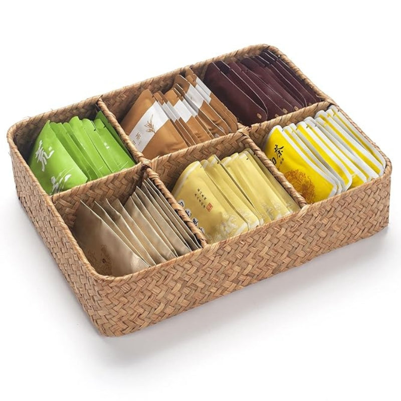 Tea Bag/Sugar Packet Holder, Coffee Station Condiment Organizer, Seagrass Storage Basket, Wicker Rattan Divided Basket Organizer for Drawer/Shelf/Countertop