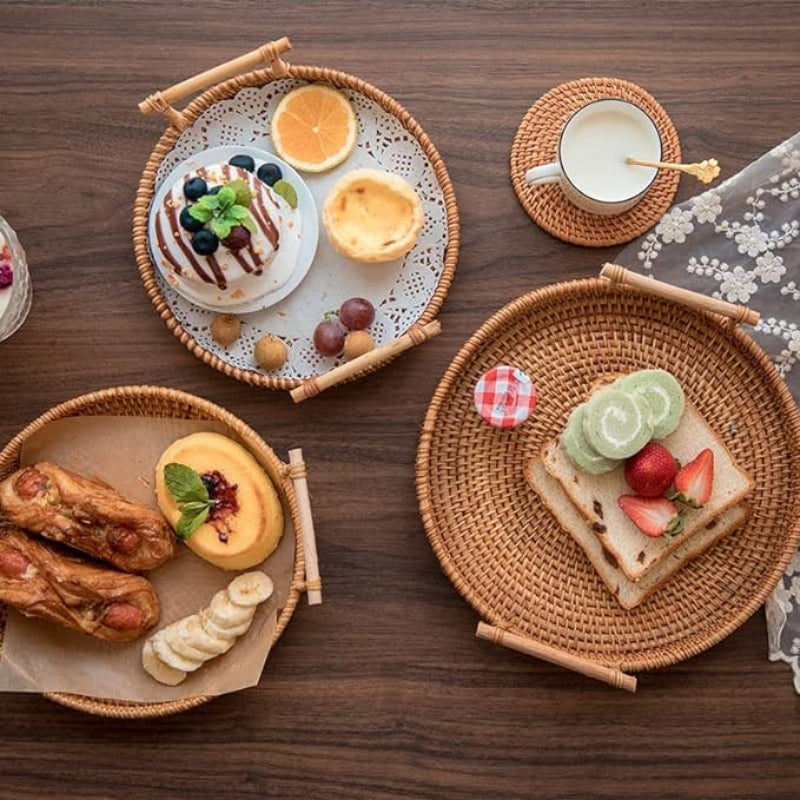 Woven Serving Tray, Rattan Round Tray, Wicker Serving Basket with Wooden Handles (12.6 inch / 32cm)